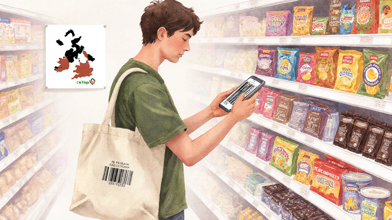 A shopper holding a reusable bag, selecting vegan snacks in a brightly lit supermarket aisle.