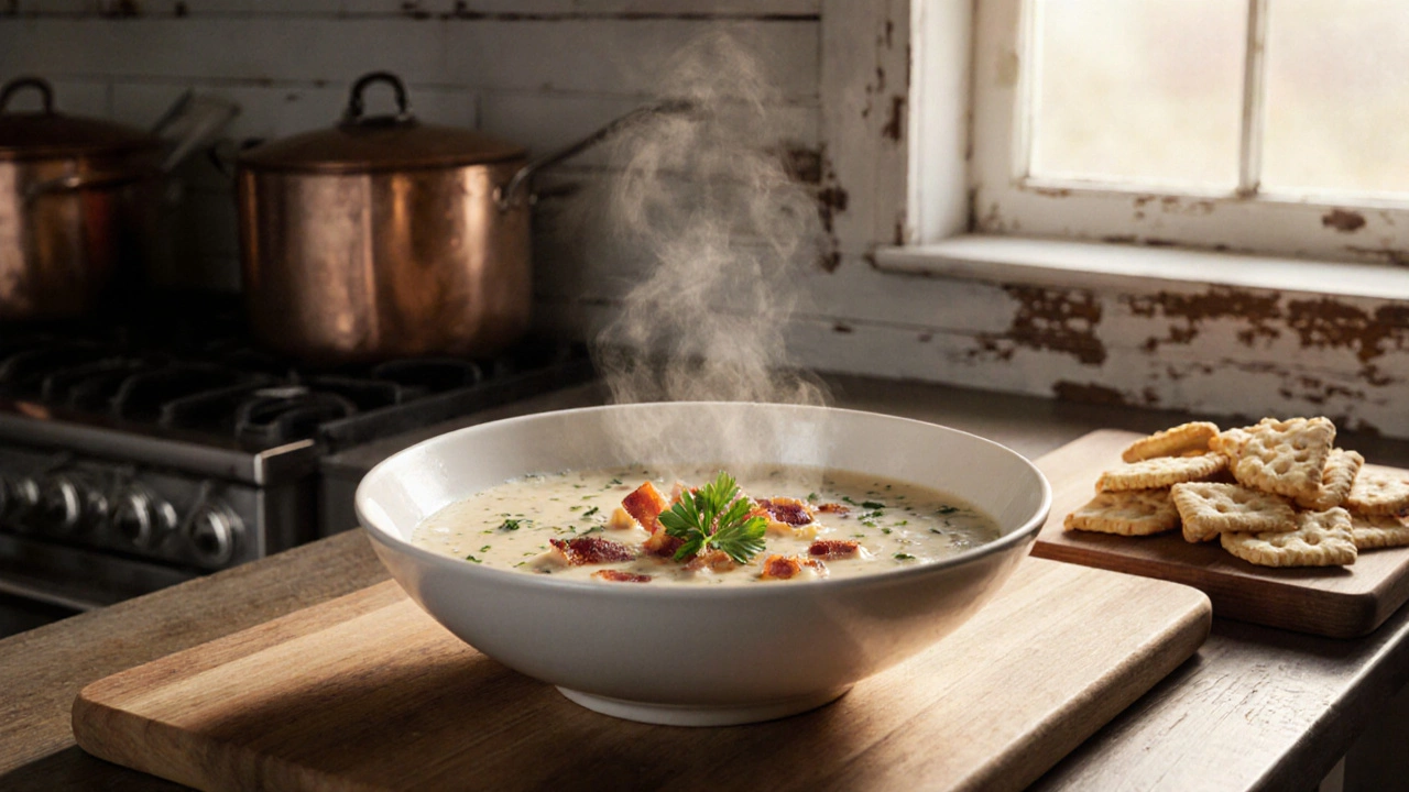 Close‑up of creamy clam chowder in a bowl with bacon and oyster crackers on a wooden counter.