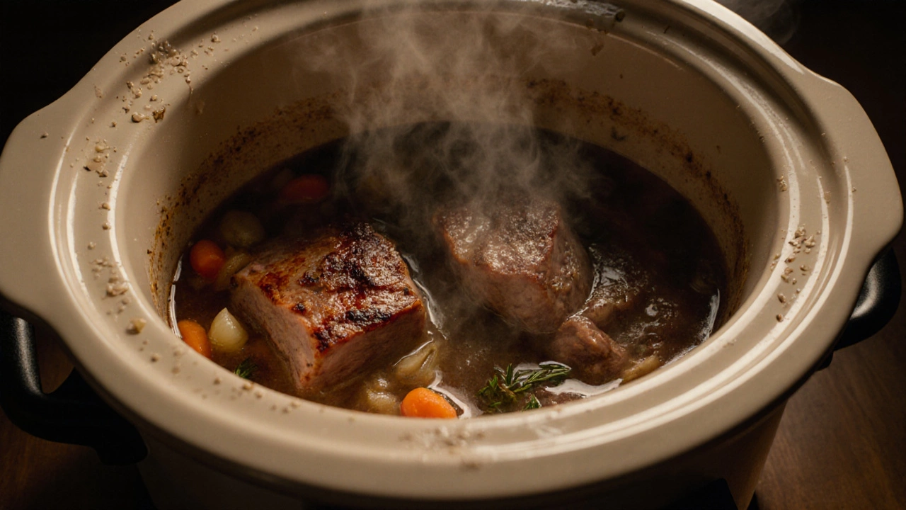 Close view of simmering meat and vegetables inside a slow cooker with steam.