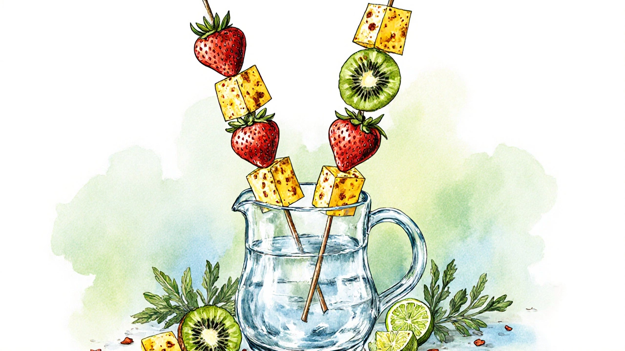 Colorful fruit skewers in a pitcher with honey-lime glaze, fresh herbs nearby.