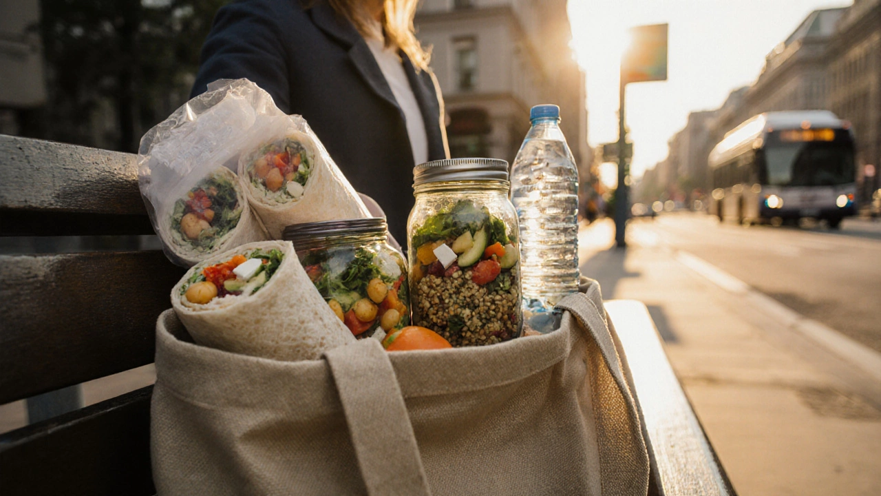 Commuter tote bag open showing packed lunches and ice pack on a city bench.