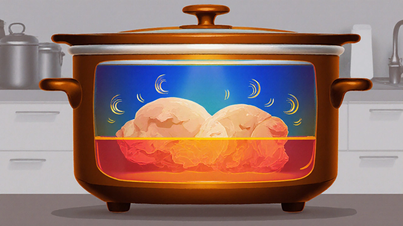 Cross‑section view showing temperature gradient inside chicken cooking in a slow cooker.