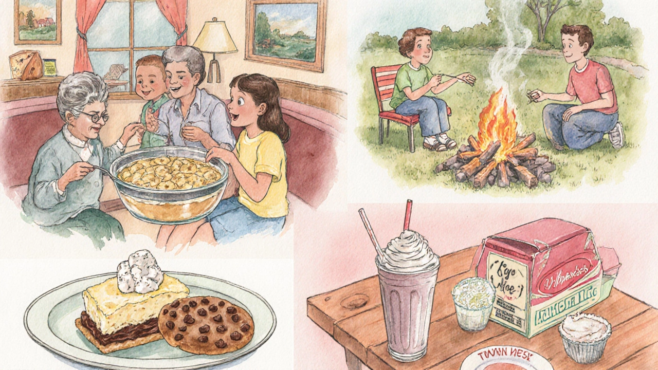 Family and friends enjoying various American sweets in cozy settings.