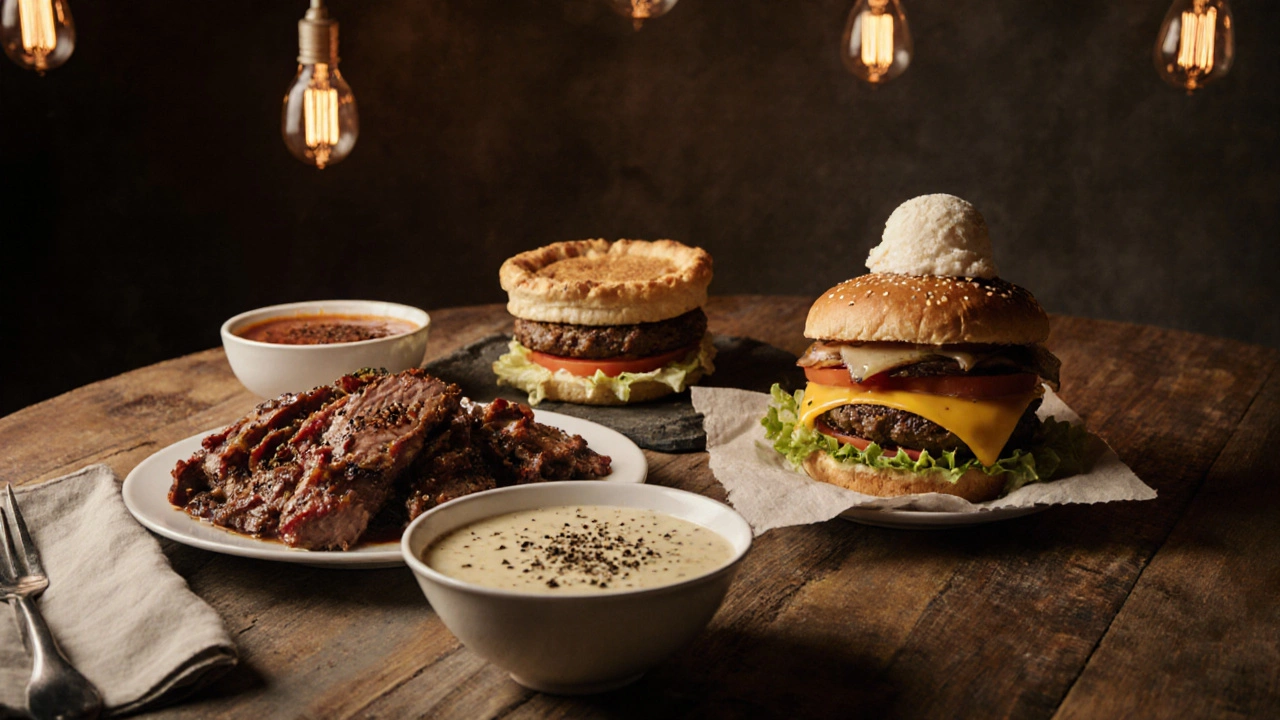 Family dinner table displaying barbecue pork, hamburgers, clam chowder, and apple pie.