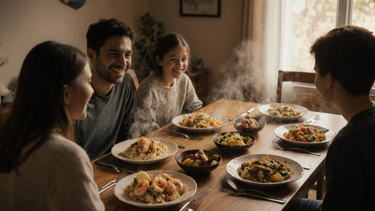 Family enjoys a table of five quick dinner dishes in a warm kitchen.