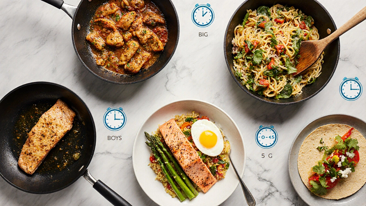 Five quick‑dinner dishes arranged on a countertop with kitchen tools.