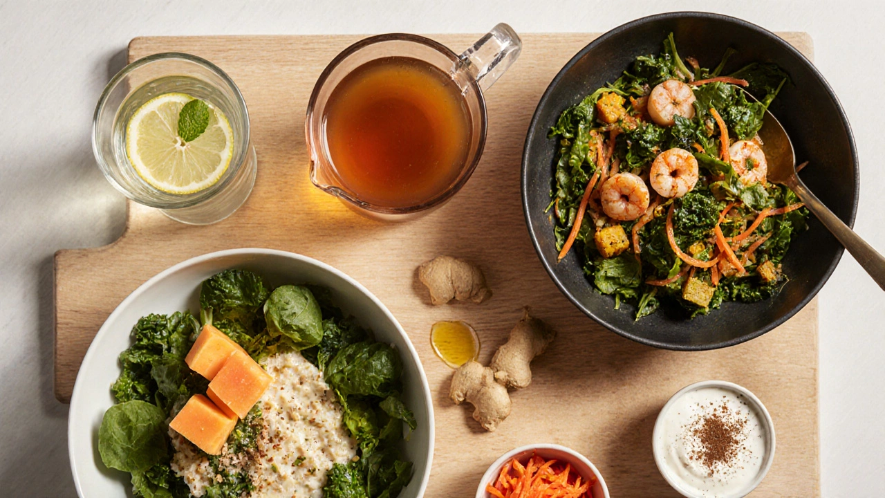 Flat‑lay of a 3‑day gut‑reset meal plan with tea, oats, salad, broth, and yogurt.