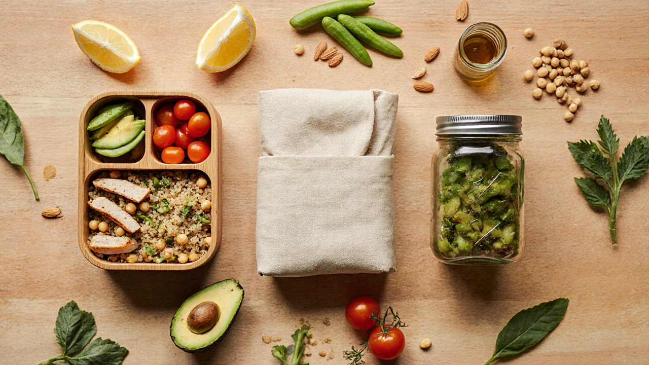 Flat lay of bento box, wrap, and glass jar with balanced meal components.