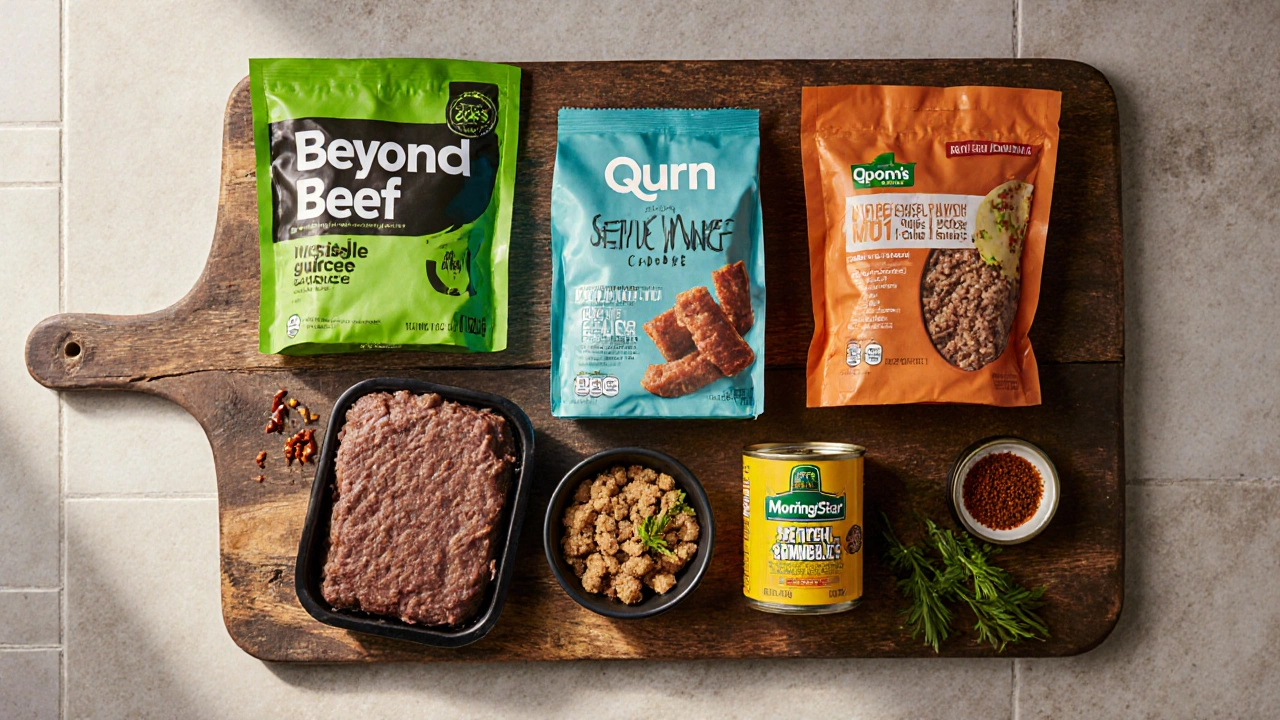 Flat lay of six plant‑based meat products with herbs and spices on a rustic board.