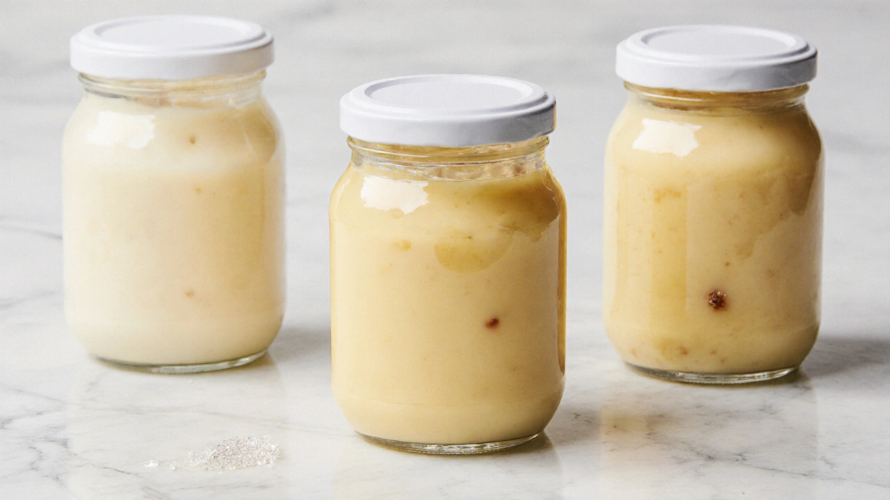 Flat‑lay of three clear mayo jars on marble, hinting at different carb levels.