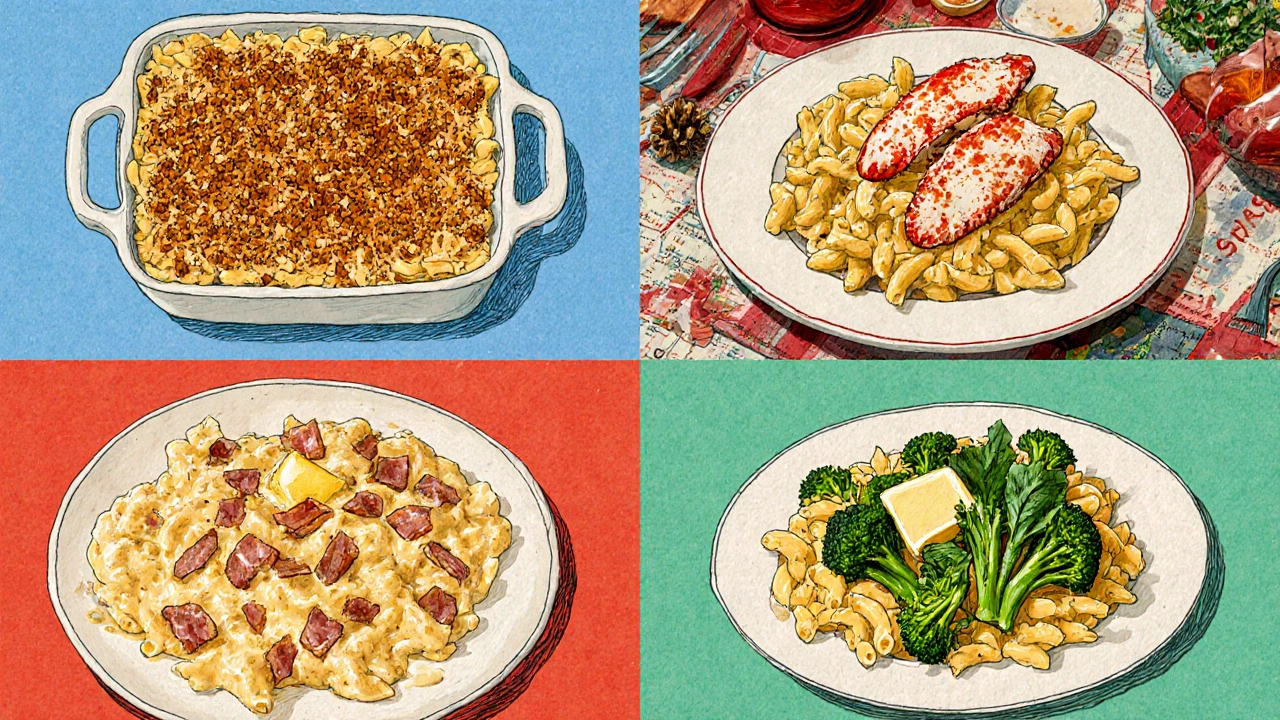 Four regional mac and cheese styles: Southern breadcrumbs, New England lobster, Midwest bacon, West Coast broccoli.
