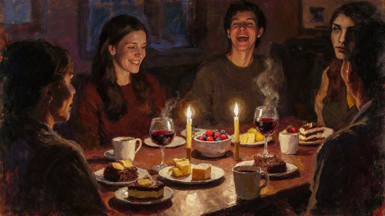 Friends enjoying assorted desserts around a warmly lit dining table.