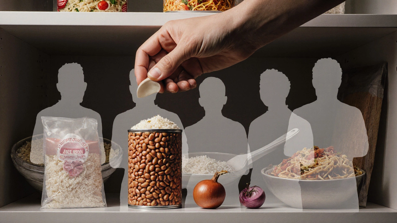 Hand pulling pantry staples with ghostly images of seven meals floating behind.