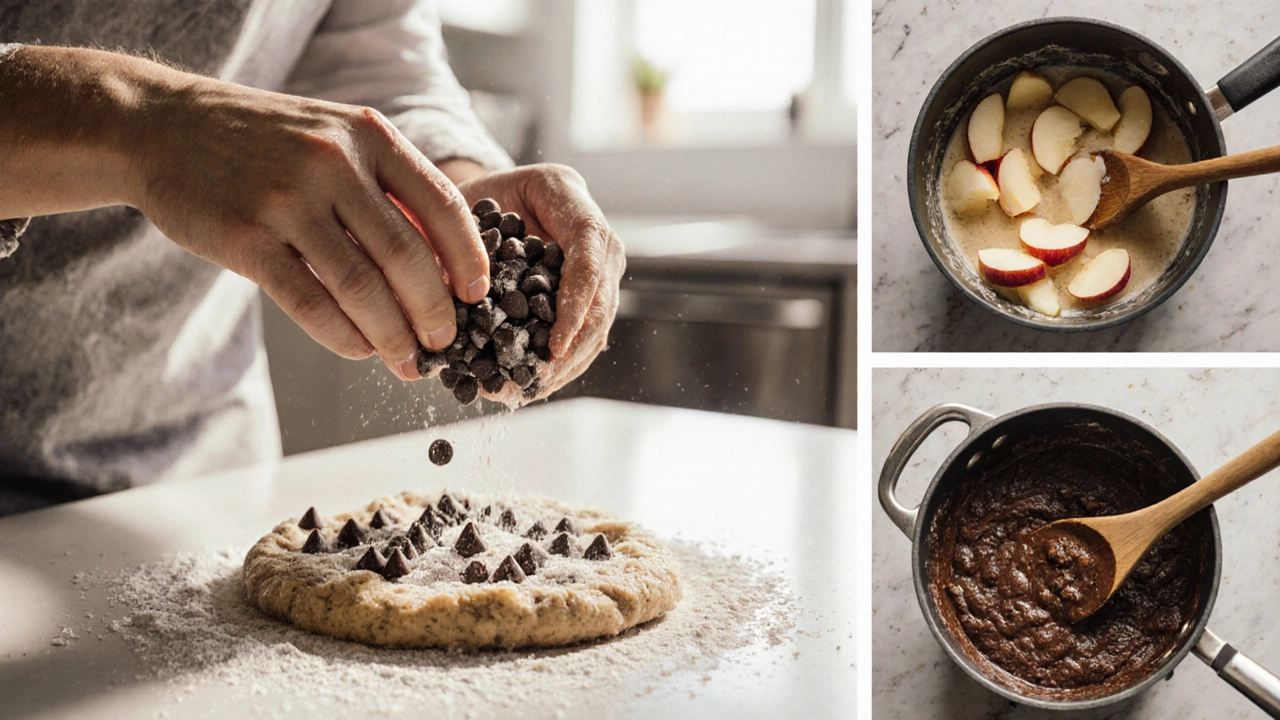 Hands mixing cookie dough, preparing apple pie filling, and making brownies.
