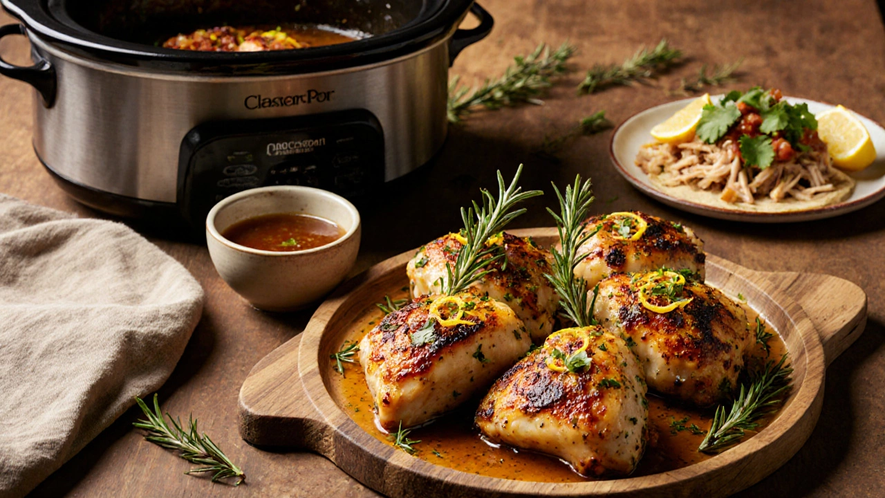 Herb‑lemon chicken thighs on a platter with sauce, slow cooker in background, and taco toppings nearby.