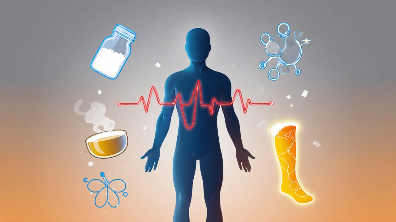 Illustration of a human silhouette showing keto flu symptoms and electrolyte symbols.