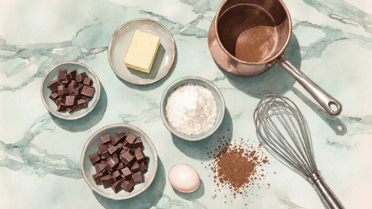 Ingredients for chocolate brownies laid out, including chocolate, butter, almond flour.