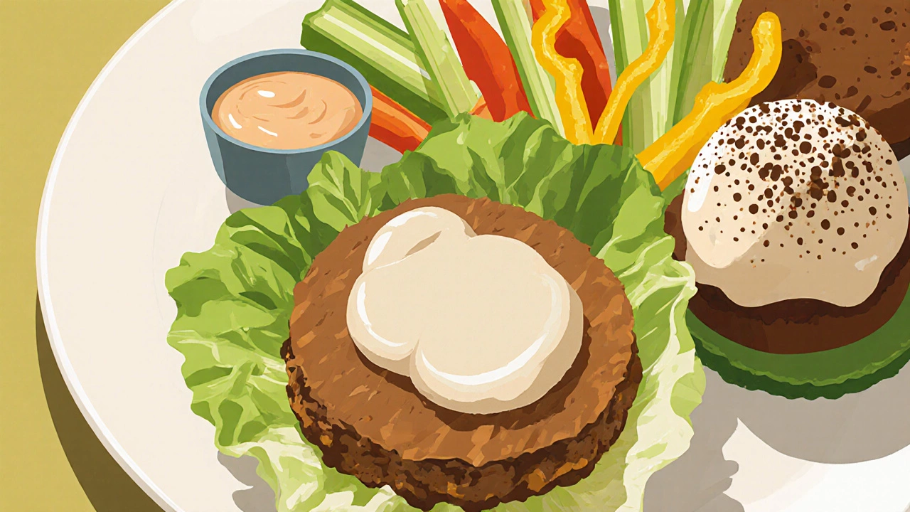Keto lunch plate with lettuce‑wrapped burger, veggie sticks, and mayo dip.
