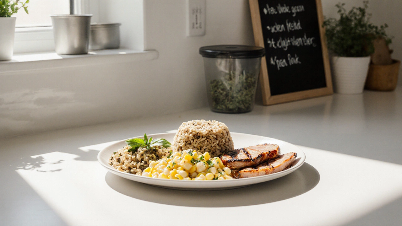 Modern kitchen display of balanced meal using rice, wheat pasta, corn, grilled chicken, and pork slice.