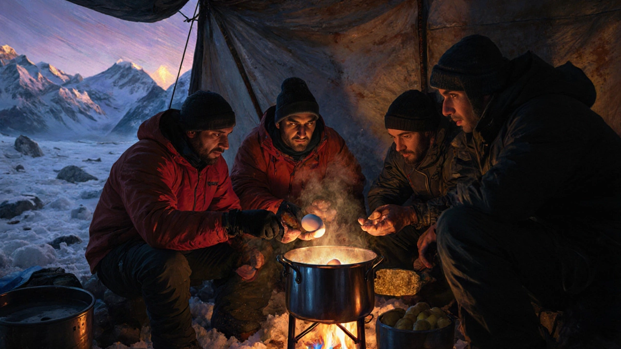 Oil‑painted scene of climbers at base camp cooking eggs and potatoes by a small stove in a tarp shelter.