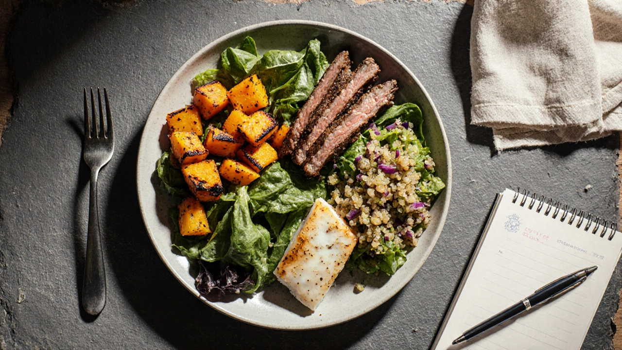 Overhead view of a half‑plant, half‑protein plate with a journal and fork.