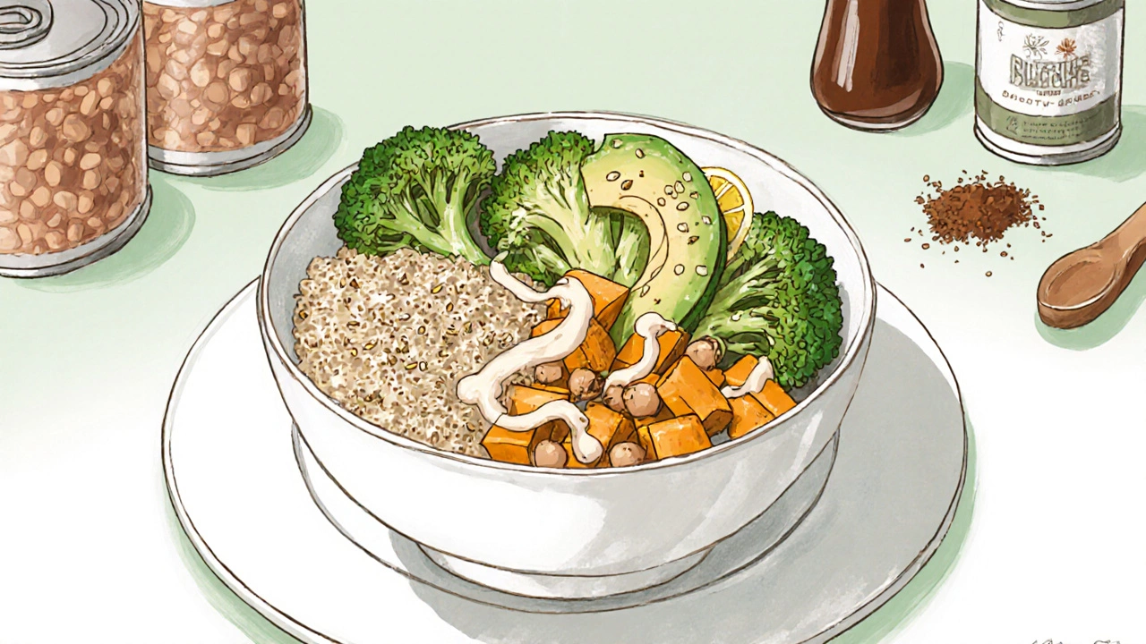 Pastel illustration of a quinoa Buddha bowl with roasted veggies, avocado, and tahini sauce.