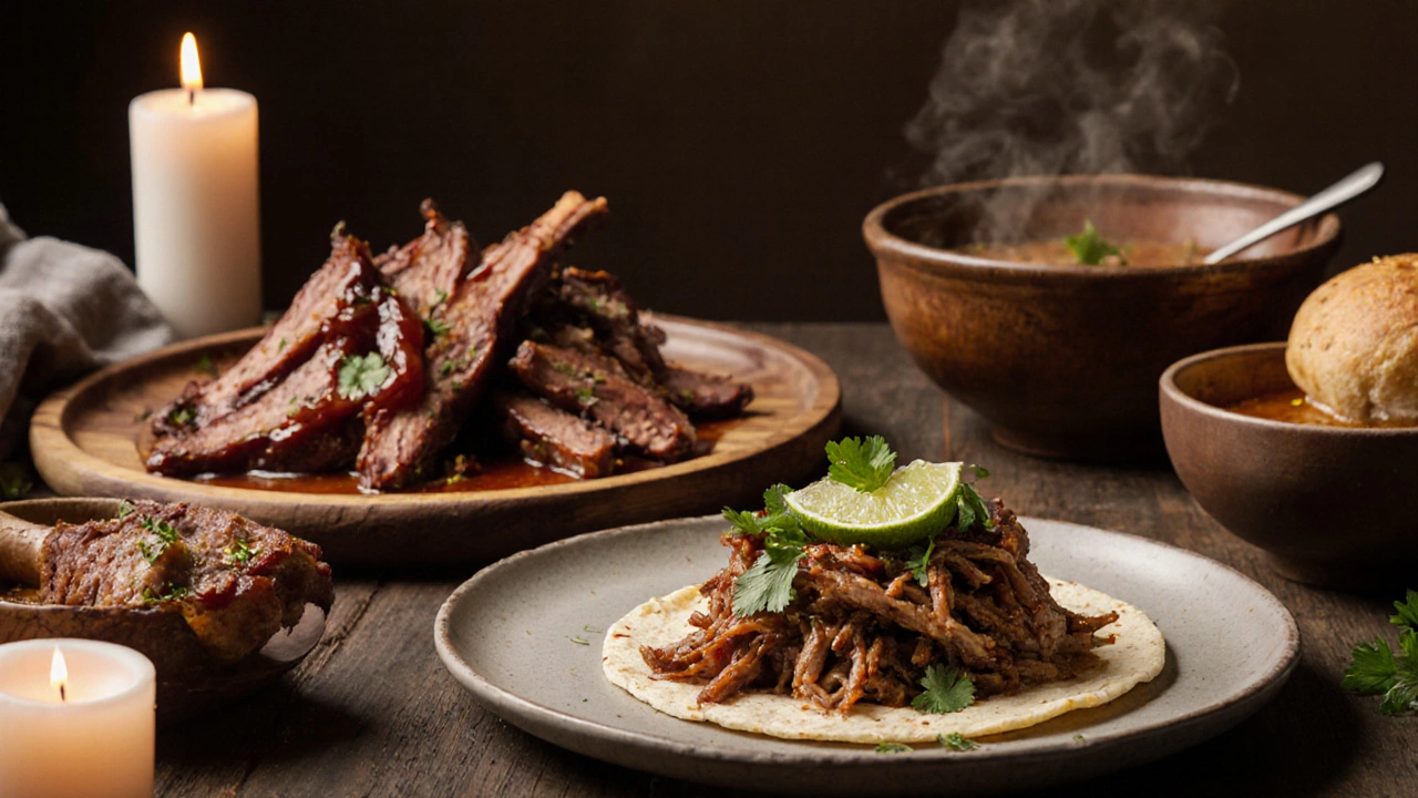 Plated slow‑cooked meats and stew on a rustic dinner table with warm lighting.