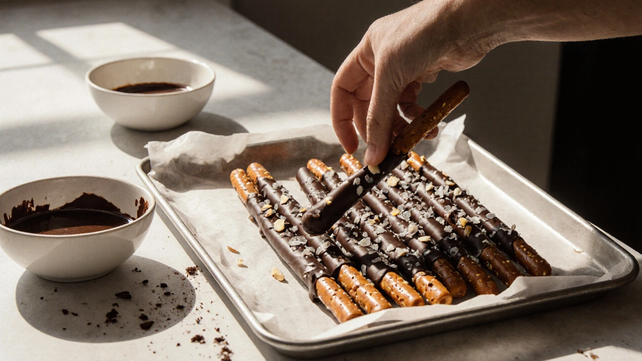 Pretzel rods dipped in dark chocolate and sprinkled with sea salt, drying on parchment paper.
