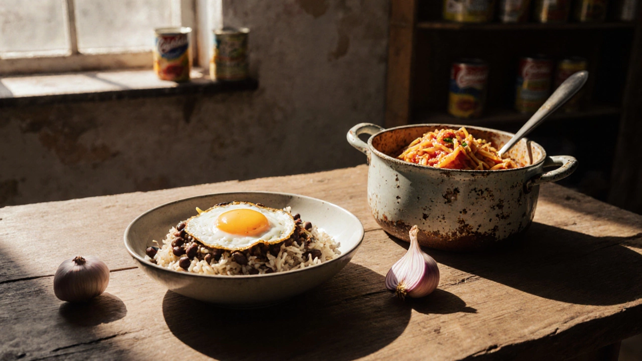 Rice and beans bowl with fried egg beside one-pot tomato pasta on a wooden table.