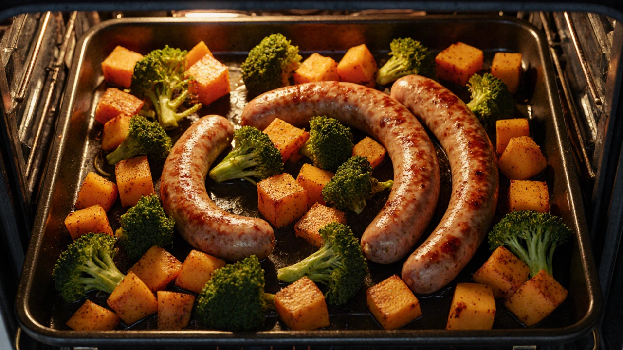 Sheet‑pan with sausage, sweet potatoes, and broccoli ready for roasting.