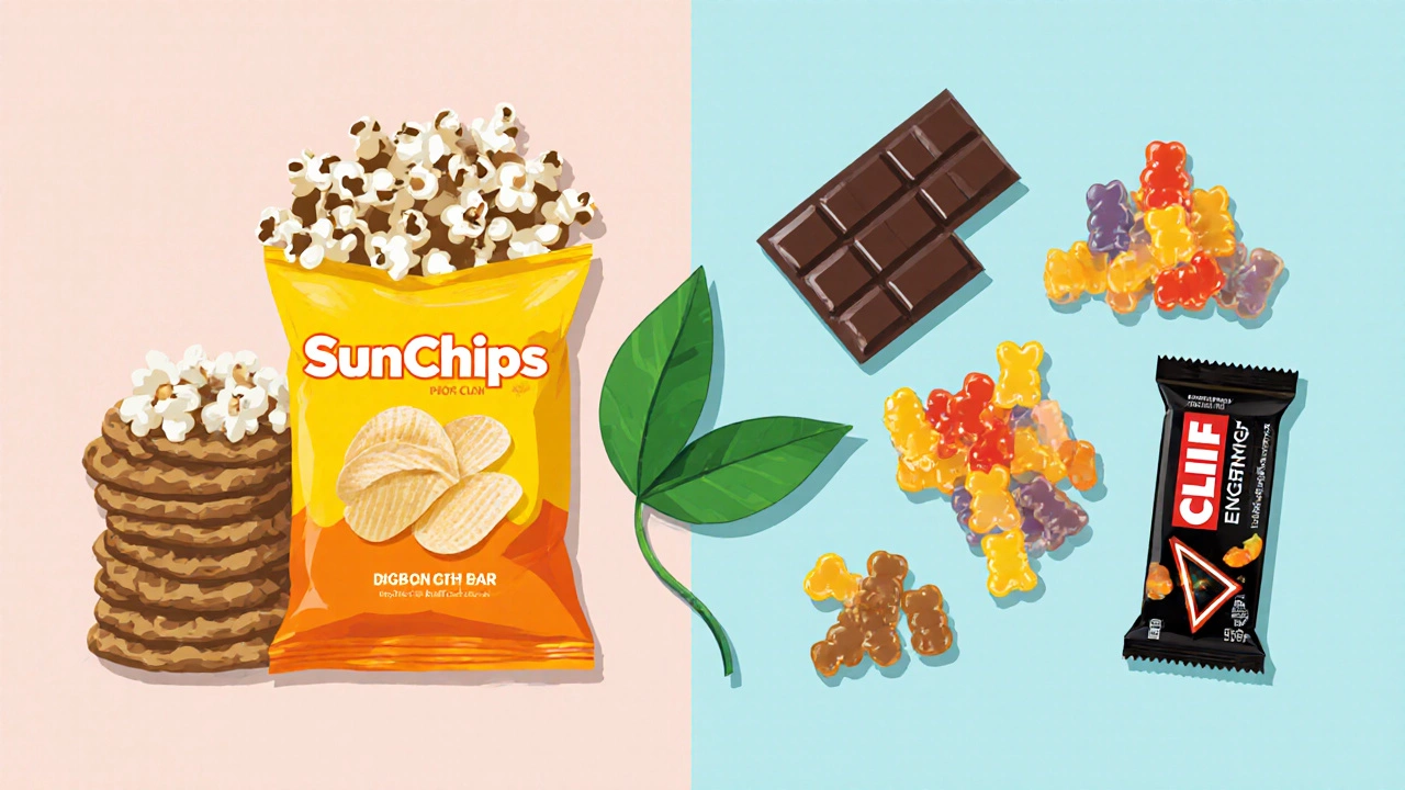 Side‑by‑side display of savory vegan chips and sweet vegan candies with dark chocolate bars.