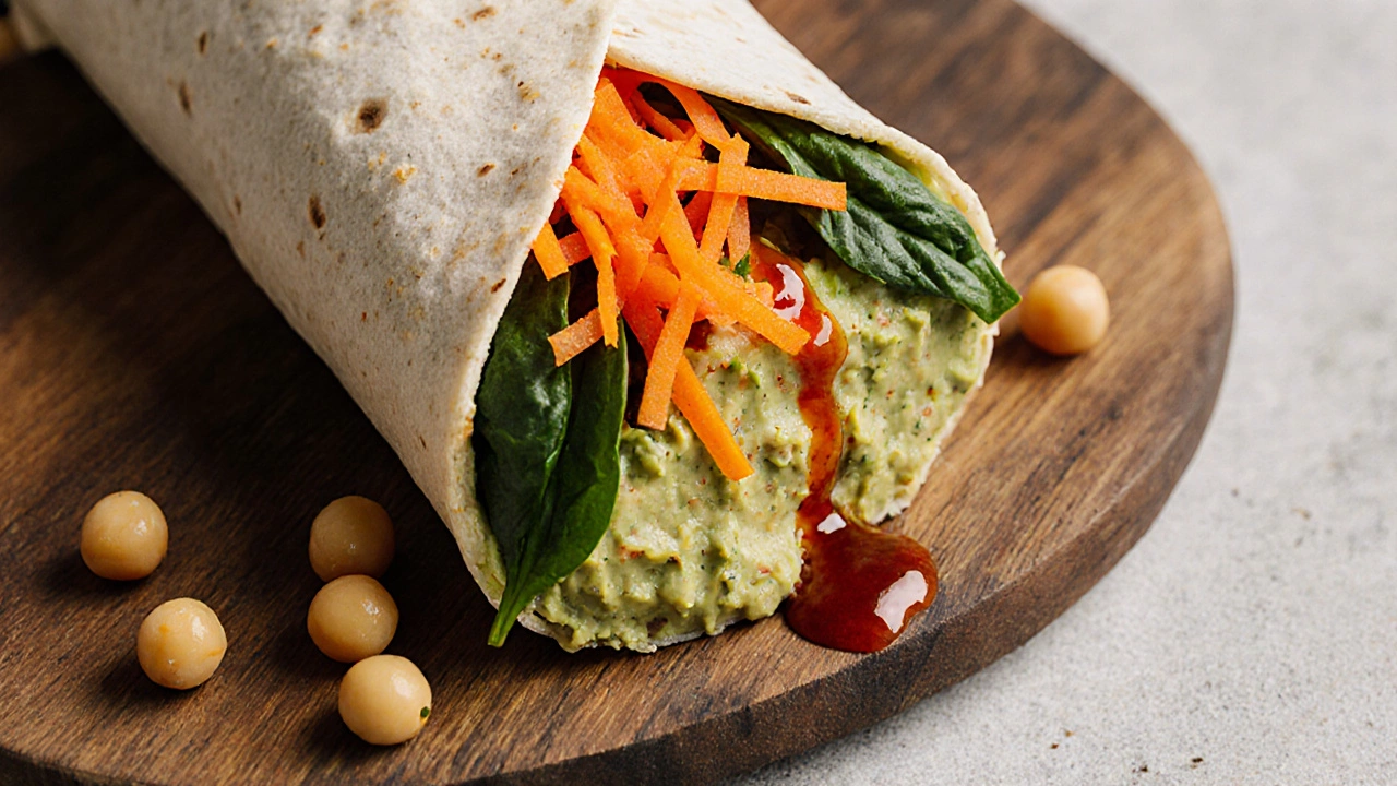 Sliced avocado chickpea wrap showing creamy mash, carrots, spinach, and sriracha drizzle.