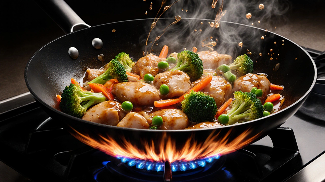 Stir‑fry chicken and vegetables sizzling in a wok with glossy sauce.