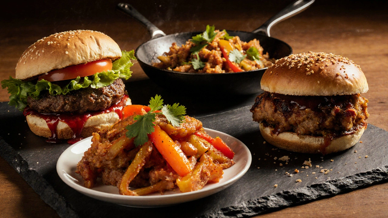 Three dishes: pea‑protein burger, seitan stir‑fry, and jackfruit BBQ sandwich on a slate platter.