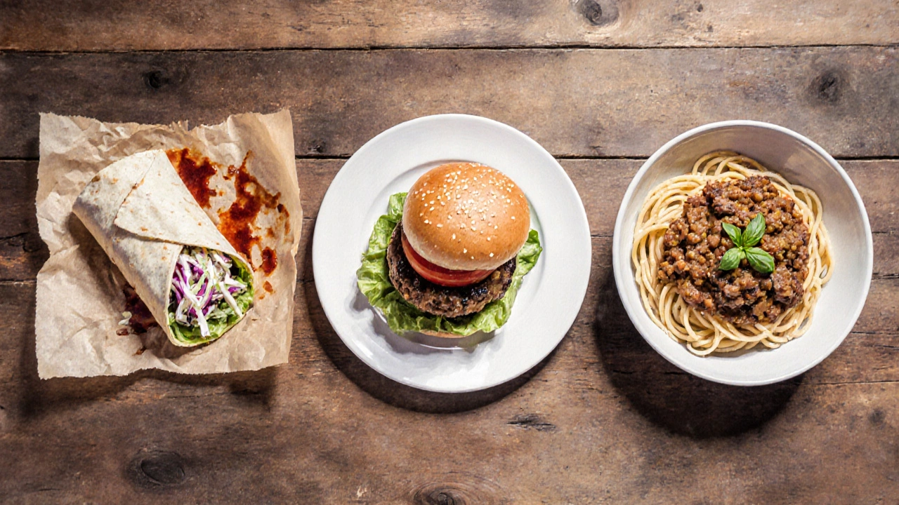 Three plated dishes: jackfruit wrap, mushroom burger, and lentil bolognese.