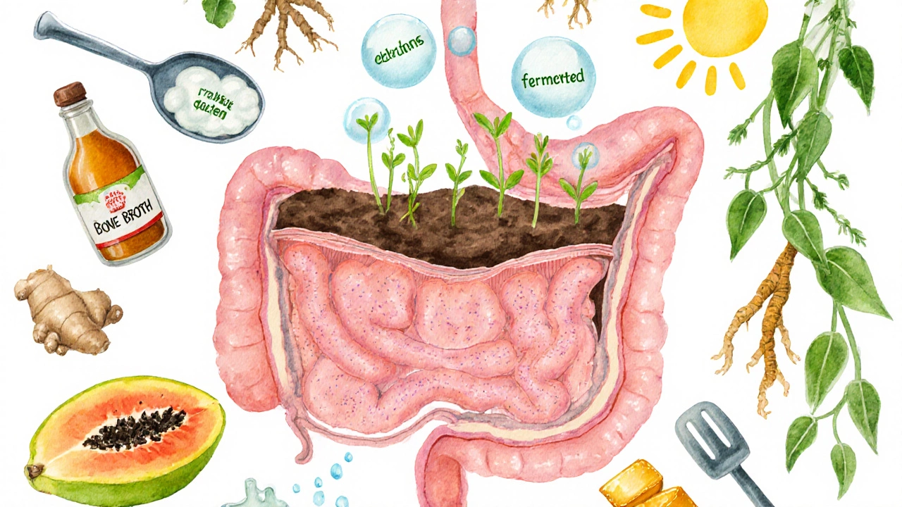 Watercolor gut‑garden scene showing intestine as garden with healing foods.