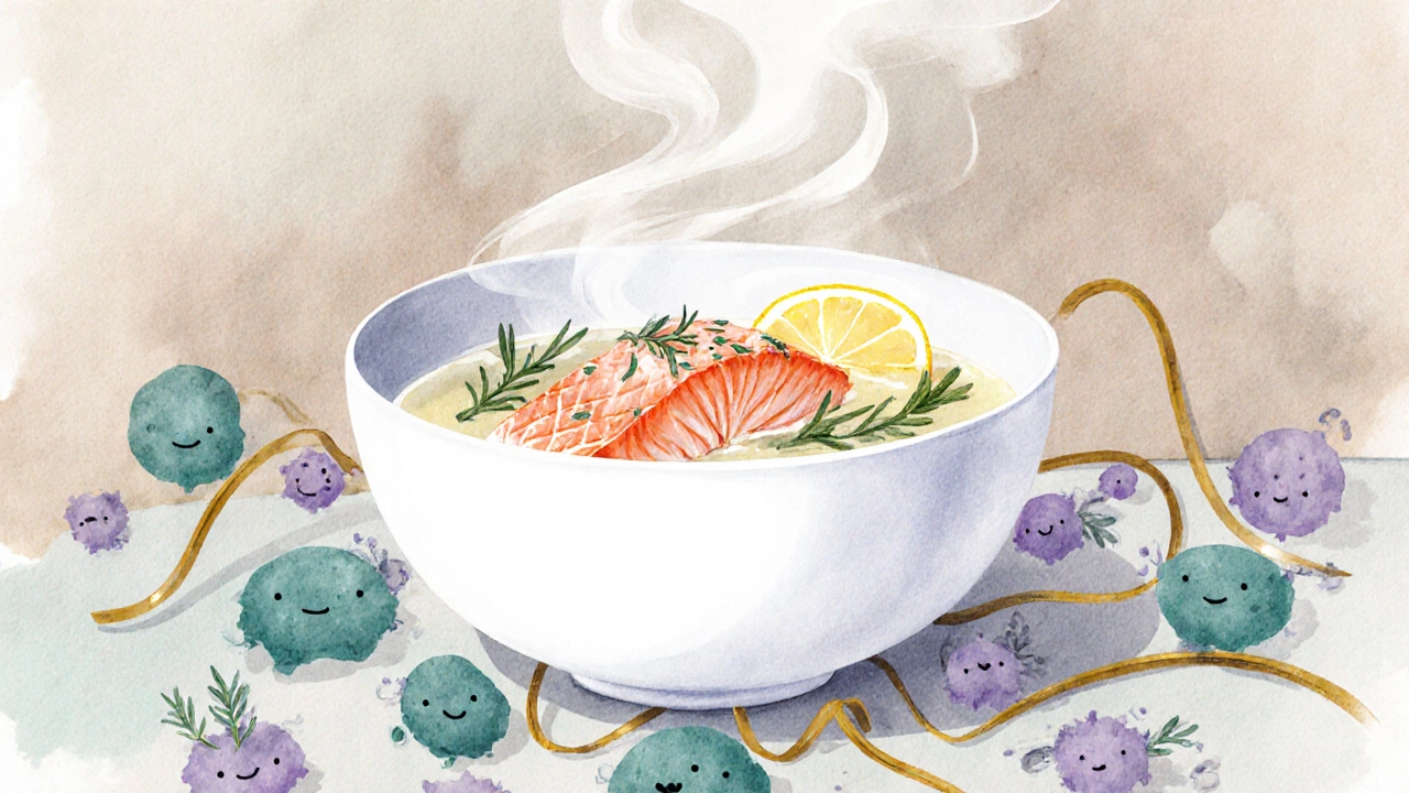 Watercolor of poached salmon with steam and abstract gut microbes beneath.