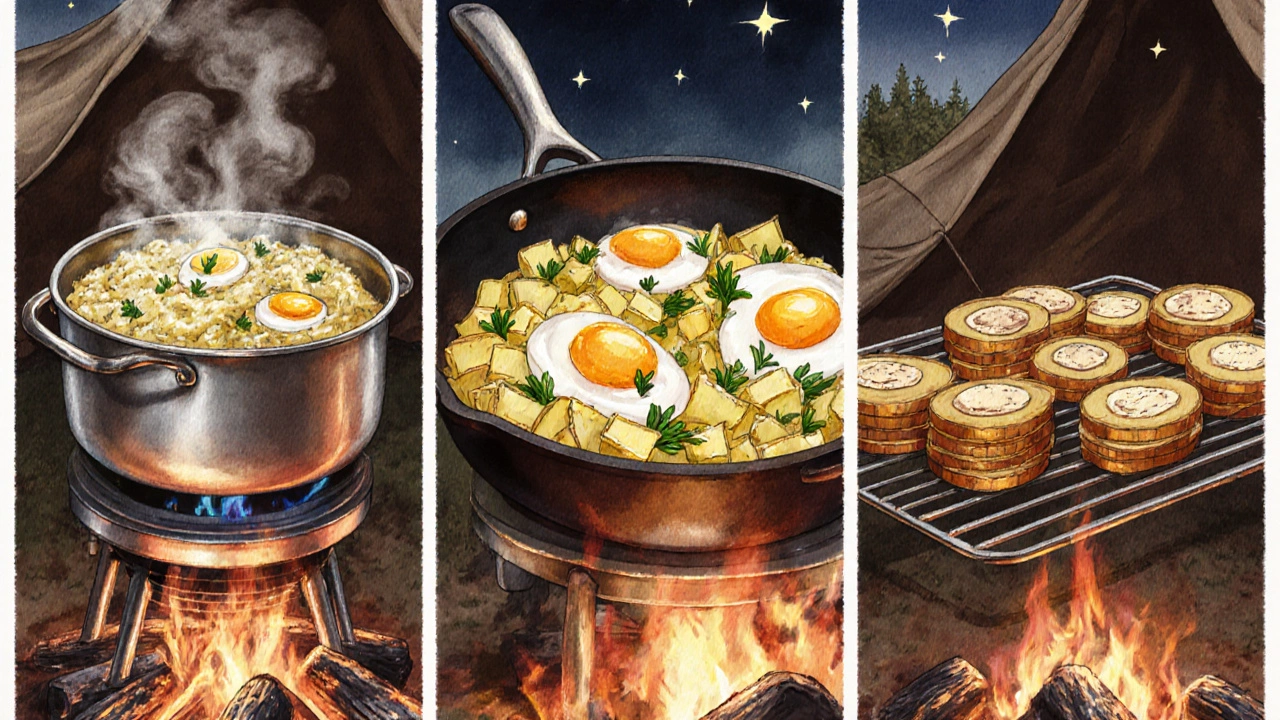 Watercolor panels showing mashed egg‑potato hash, scrambled egg‑potato pan, and baked egg‑potato casserole.