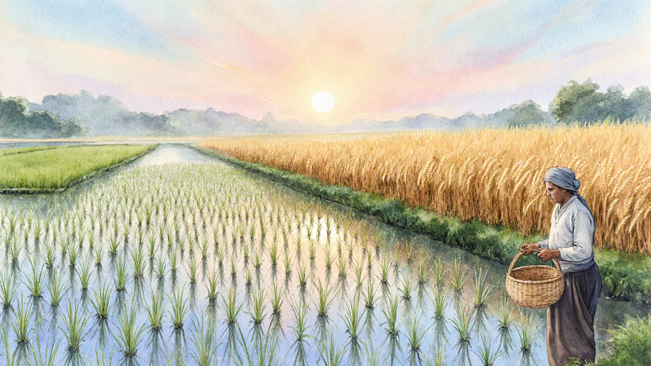Watercolor scene of flooded rice paddies at sunrise beside golden wheat fields.