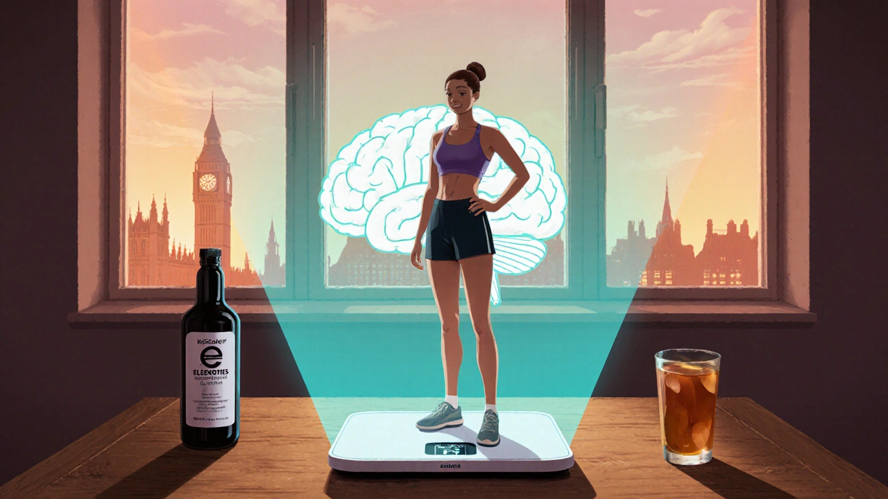 Woman standing on a scale with a glowing brain and electrolyte bottle after a week without carbs.