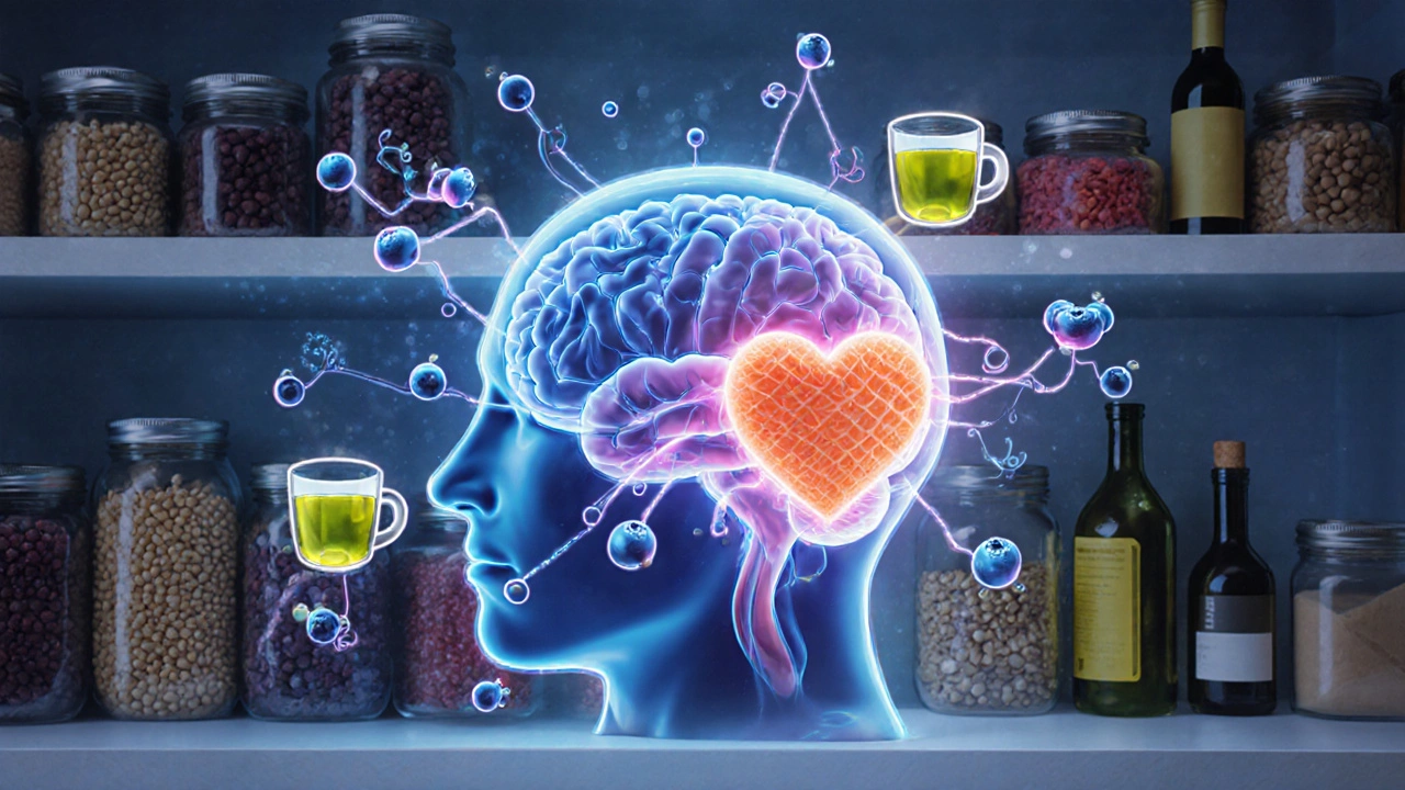Brain and heart connected by nutrient pathways from superfoods like berries and olive oil.