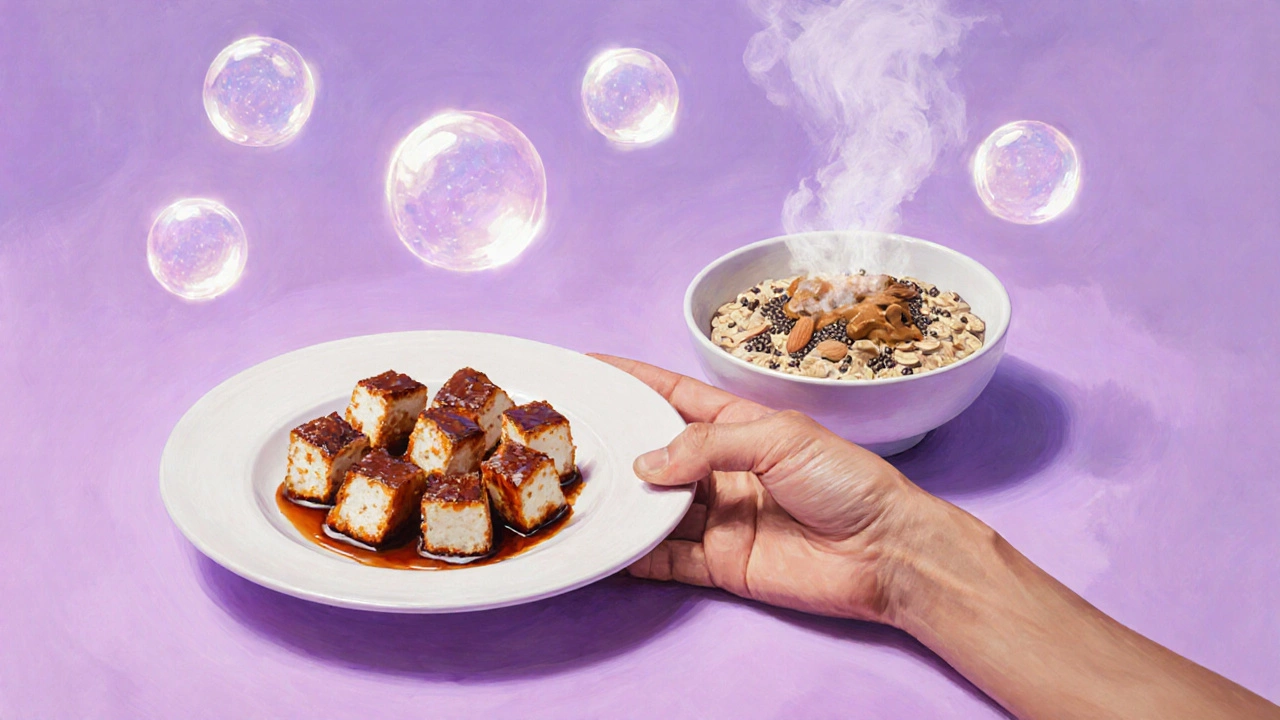 Crispy tofu and oatmeal on a plate with glowing symbols of protein and fiber promoting fullness.