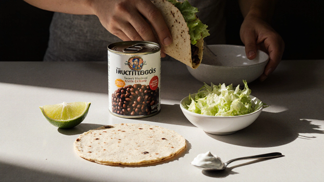 Five simple ingredients for black bean tacos arranged neatly on a counter.