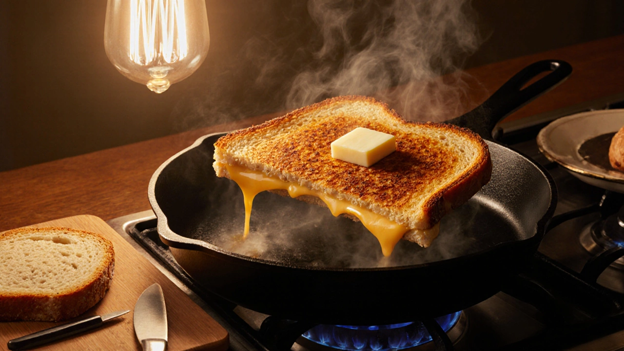 Golden grilled cheese sandwich being flipped in a pan with melted cheese oozing.