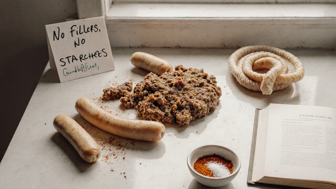 Homemade gluten-free hot dogs being prepared with ground meat and spices on a kitchen counter.