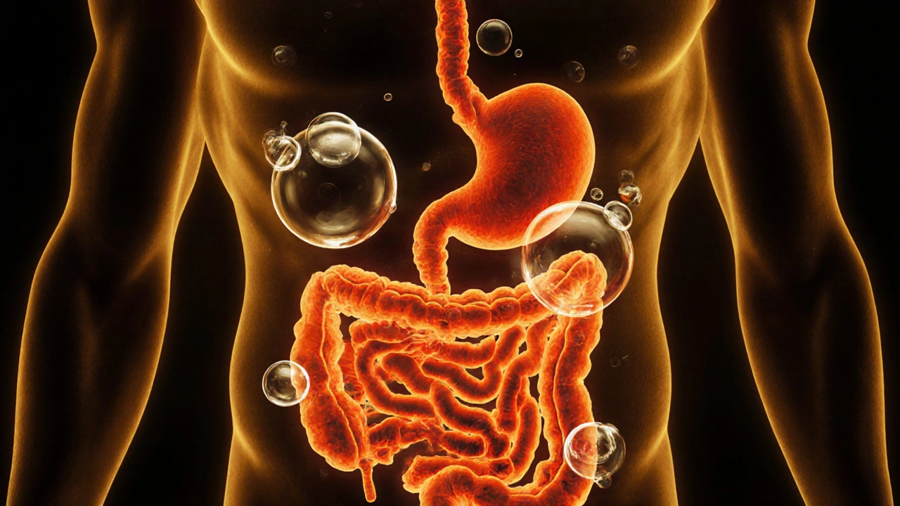 Illustration of inflamed intestine with gas bubbles and gluten molecules entering from above.
