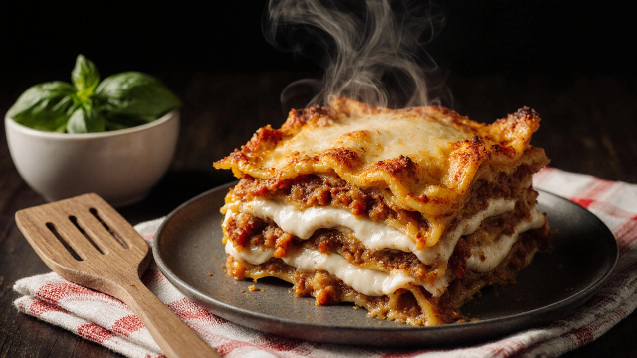 Layered lasagna with bubbling cheese crust, fresh from the oven.