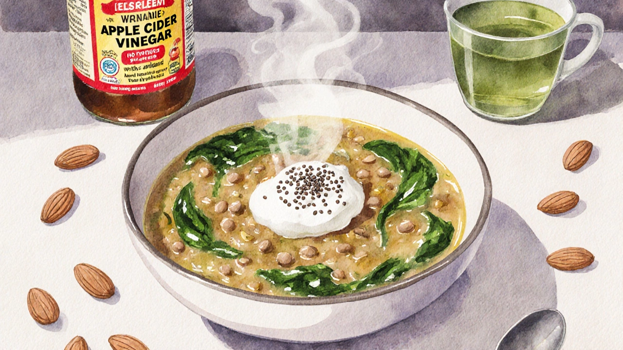 Lentil soup with spinach and Greek yogurt, accompanied by chia seeds and green tea.