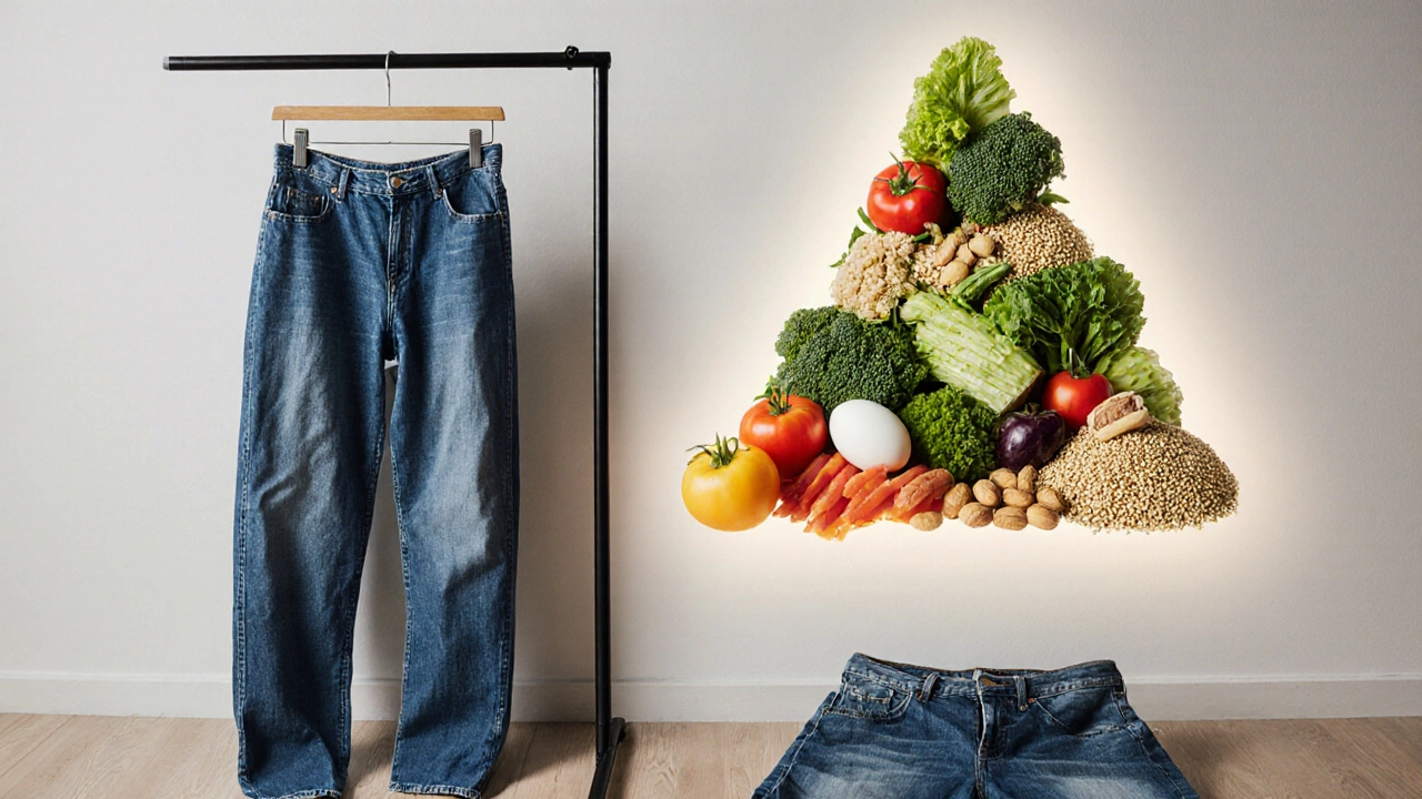 Loose jeans next to tight ones, with healthy gluten-free foods floating above.