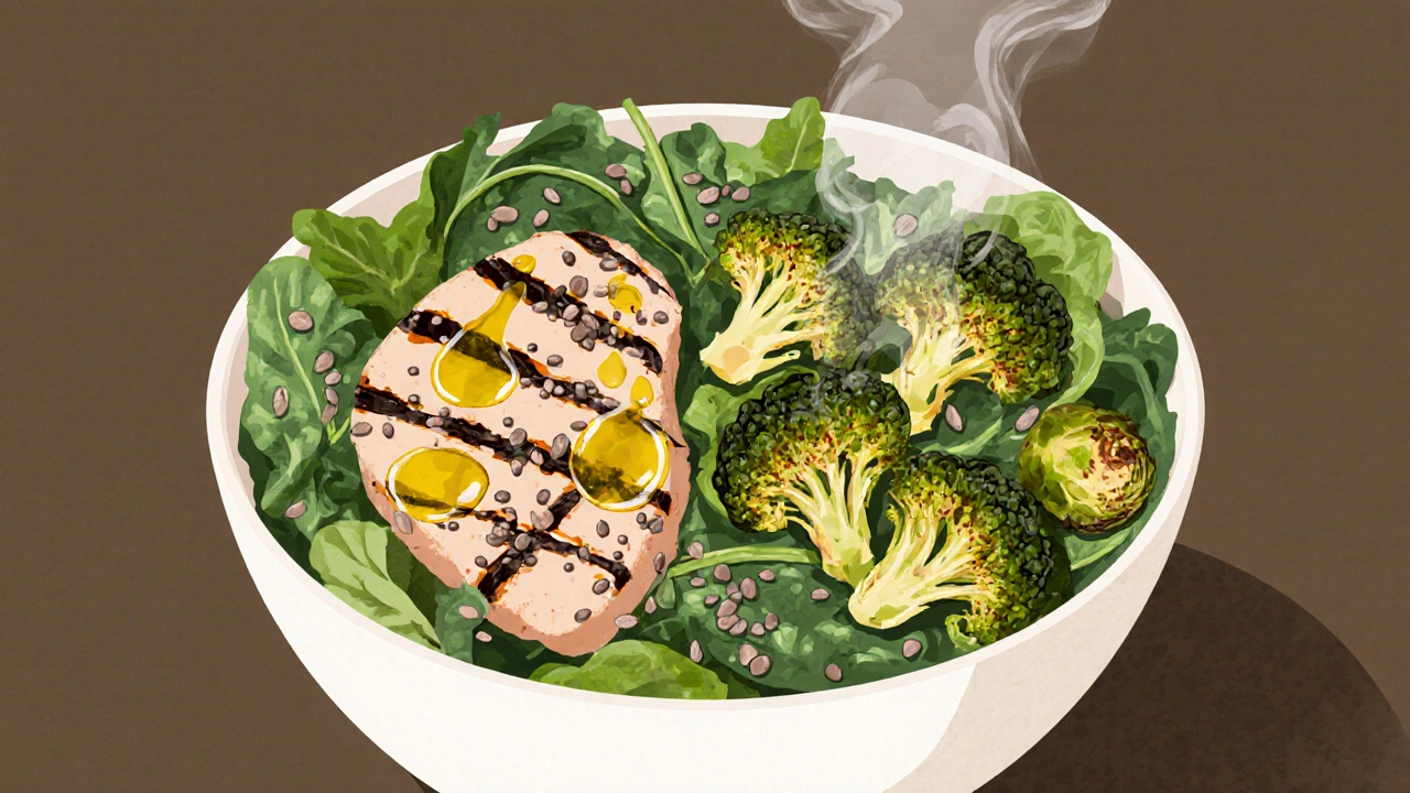 Lunch bowl with grilled chicken, leafy greens, broccoli, and olive oil drizzle.